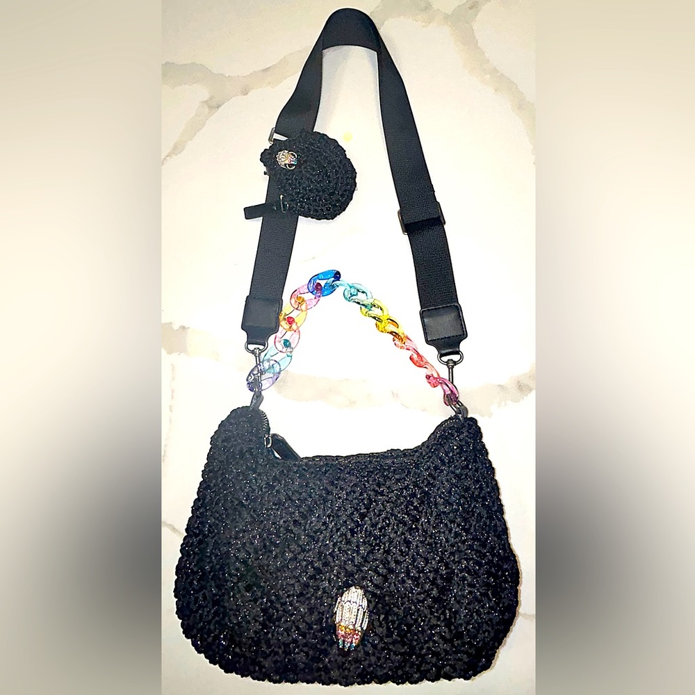 KURT GEIGER! BLACK WITH RAINBOW HANDLE CROCHETED PURSE WITH MATCHING COIN PURSE!
